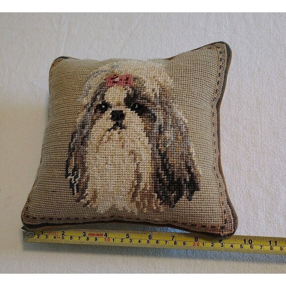 Wool Needlepoint Shih Tzu Dog Throw Pillow Cushion 10x10 Handmade - Picture 4 of 5